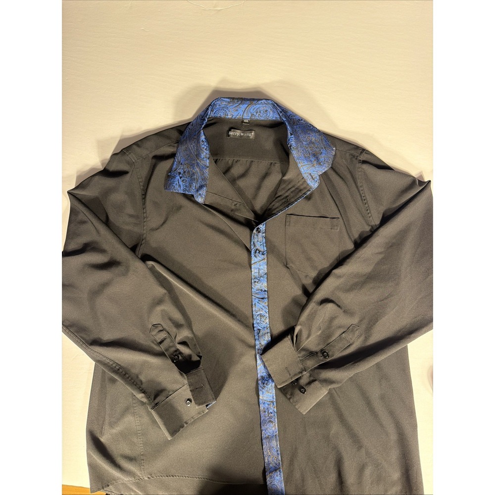 Barry Wang 3XL Men's Black Long Sleeve Shirt with Blue Filigree Collar and Trim